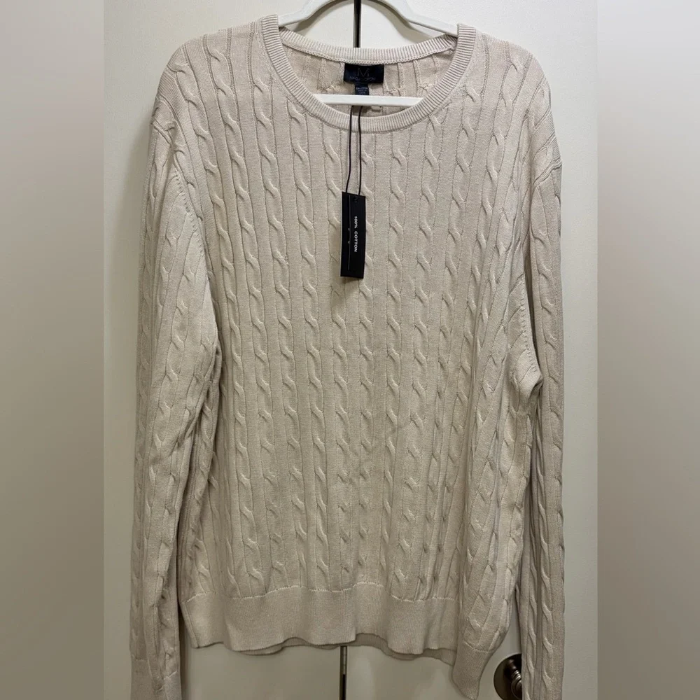 Magaschoni Cable Knit Sweater XXL 100% Cotton Cream Crewneck Lightweight NWT